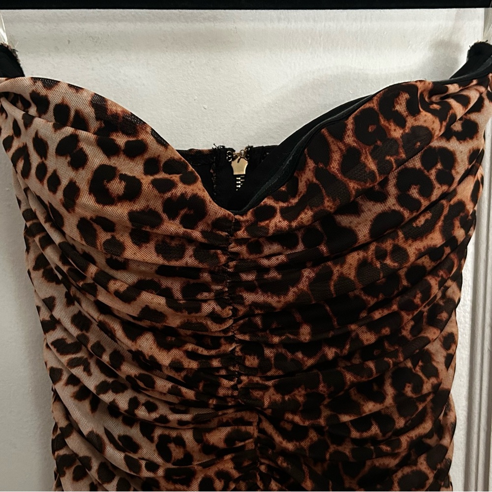 Fashion Nova Strapless Leopard Print Dress in Brown and Black